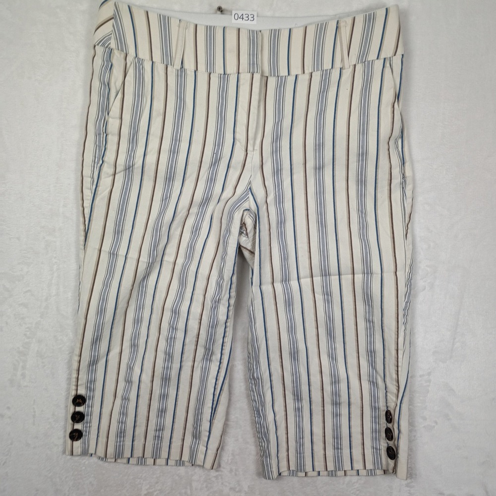 Lane Bryant Capri Pants Womens 18 Cream Blue Striped Button Hem Coastal Grandma